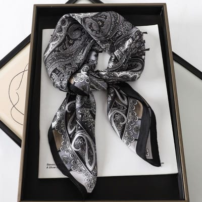 Design Foulard Carré en Soie pour Femmes Hijab Imprimé Floral Sac à Main en Satin Bandes de Poignet Foulards pour Dames Bandana gray