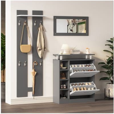 Meuble vestiaire - MUVOE - 80 x 25 x 96,5 cm - Miroir inclus - 2 panneaux muraux - Armoire à chaussures réglable gris