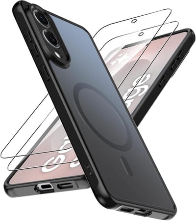 Casemania Hoesje & Glas Geschikt voor Samung Galaxy S25 Edge - Zwart - Matte Armor Back Cover met Camera Bescherming - Telefoonhoesje Geschikt voor MagSafe - 2x Glazen Screenprotector