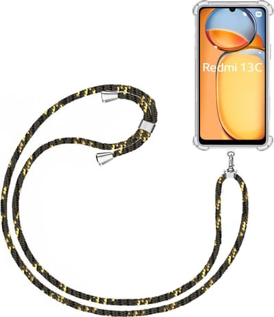 Telefoonkoord + Hoesje Geschikt voor XIAOMI Redmi 13C - Lengte Verstelbaar - Telefoonketting - Shock Proof Case - Zwart Goud