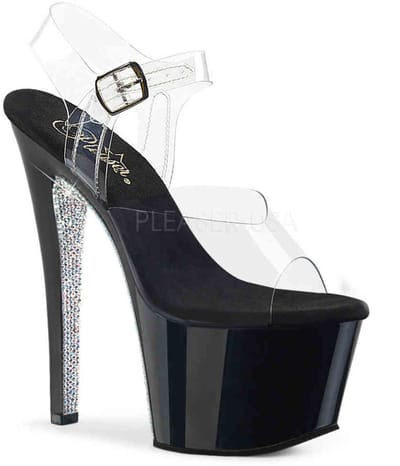 Pleaser - SKY-308CRS Sandaal met enkelband, Paaldans schoenen - Paaldans schoenen - 35 Shoes - Zwart/Zilverkleurig