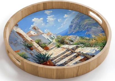 Dienblad rond 40x40 cm - Schootdienblad hout - Trap - Huizen - Berglandschap - Zee - Borrelplank rechthoek - Plateau houten dienbladen