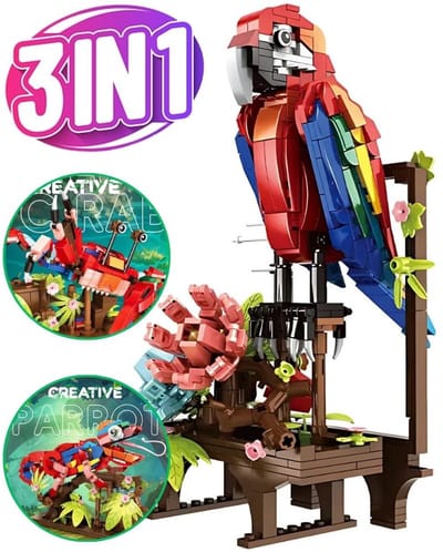 Woma 19064 - 3 in 1 Exotische Dieren bouwpakket | Papegaai kameleon crab met bloemen | Classic Creator STEM speelgoed | Icons modelbouw 3D kunst bloemenpracht volwassenen & kinderen | DIY bouwset geschikt voor Lego | Bouwdoos met 593 bouwstenen