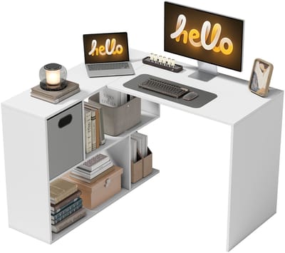 HOMCOM bureau Corner Corner, 110 x x 75 cm, L-vormig computerbureau met stoffen lade en open vakken, computerbureau voor thuis, slaapkamer en studeerkamer, wit