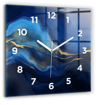 Wallfluent Wandklok - Blauwe marmer Klok met Print - 60 cm x 60 cm - Blauw Wandklok - Witte Handen - Wandklok Met Cijfers - Wandklok voor in de Keuken - Vierkante Glazen Wandklok - Scandinavisch Wandklok - Klok met Print
