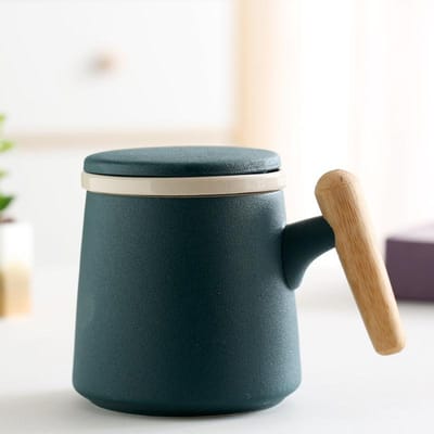 Keramische Mok met Houten Handvat en Deksel Thee Scheidende Beker Kantoor Waterbeker Promotioneel Geschenk 301-400ml