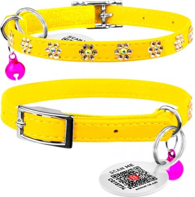 WAUDOG Glamour Flower Kattenhalsband - Echt Leder - Geel - Gratis QR-tag - XXS - Breedte: 9 mm - Nekomtrek: 22 - 30 cm (GELIEVE ALVORENS BESTELLEN OPMETEN)
