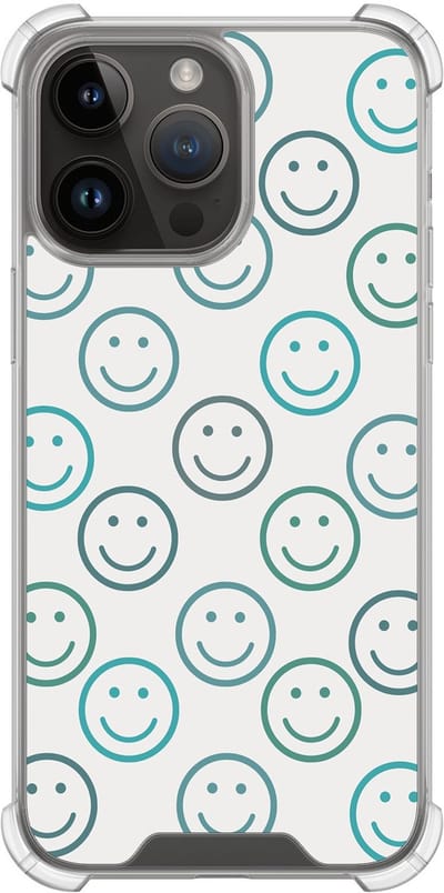 Shockproof hoesje - Geschikt voor iPhone 14 Pro Max - Happy faces - Extra sterke case - TPU/polycarbonaat - Print / Illustratie - Blauw, Transparant