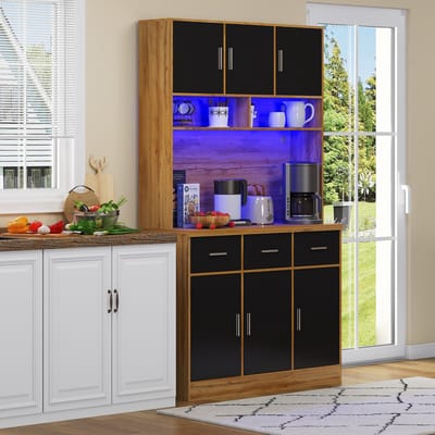 REDOM Hoge multifunctionele keukenkast 100x40x180 cm – Natural/Black, LED met appbesturing, 3 laden, verstelbare planken