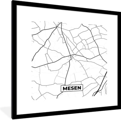 Fotolijst incl. Poster Zwart Wit- Plattegrond – Mesen – Zwart Wit – Stadskaart - Kaart - België - 40x40 cm - Posterlijst