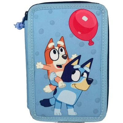 Bluey Dubbel Etui met Rits – Gevulde Tekenset voor Kinderen | 2 Vakken met Schoolspullen | 12,5 x 19,5 x 4,6 cm