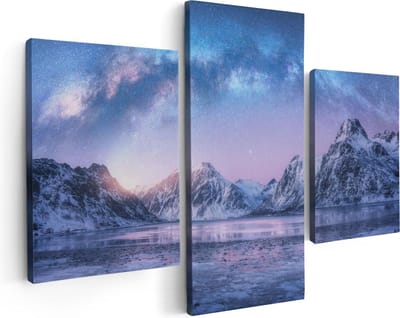 Artaza Canvas Schilderij Drieluik Melkweg Bij De Besneeuwde bergen - 90x60 - Foto Op Canvas - Canvas Print