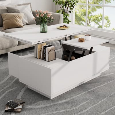 Modern salontafel - inklapbare tafel - met dubbele hefmechaniek - verborgen opbergruimte - wit