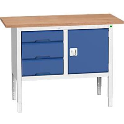 Bott verso box-type werkbank, multiplex blad, 3 laden & 1 deur, B 1250 x D 600 x H 830 - 930 mm, RAL 7035 lichtgrijs / gentiaanblauw