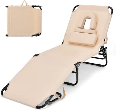 Zonnestoel - Strandfauteuil Loungestoel - Zonnebaden - Met Gezichtsgat - 350 lbs - Beige