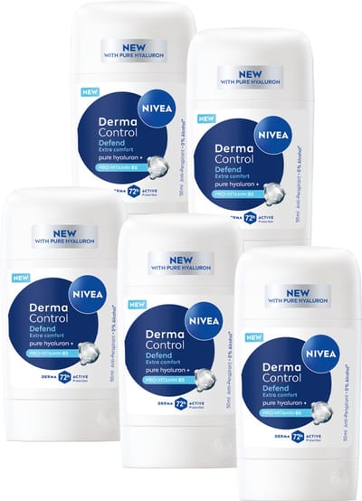 NIVEA Derma Control Defend Deodorant Stick - Tegen Irritaties - Anti-transpirant - met Hyaluronzuur- 72 uur bescherming - Voordeelverpakking - 5 x 50ml