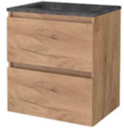Basic-Line Start 46 Badkamermeubelset - 60 x 46 cm - Greeploos - 2 Lades - Hardstenen Wastafel - Zonder Kraangat - Whisky Oak