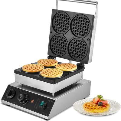 4 PIÈCES Gaufrier Commercial Machine à Gaufres Ronde 1750W Anti-adhésif