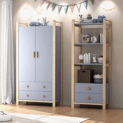 MODFU - Garderobeset - Kledingroede En Laden - Modern - Slaapkamer - Hout En MDF - Blauw En Naturel - 180,5 Cm