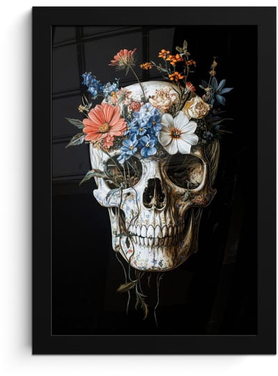 Poster in lijst - Fotolijst 20x30 cm - Posters - Bloemen - Schedel - Kleurrijk - Posterlijst zwart - Decoratie - Wanddecoratie woonkamer - Muurdecoratie slaapkamer