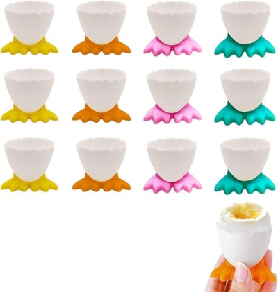 eierdopjes set, 12 stuks in 4 kleuren, PP eierhouders met kippenpoot design, 4,6 x 4,6 cm / 1,81 x 1,81 inch, voor zachtgekookte, hardgekookte en rauwe eieren, ontbijt, keuken, hotel