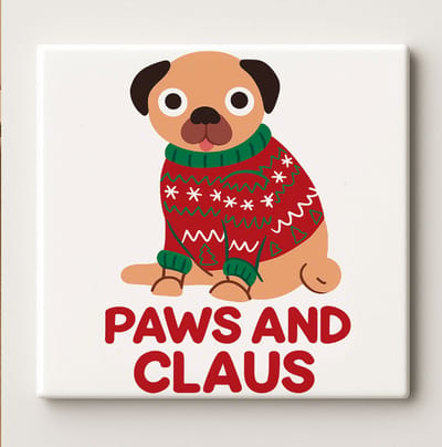 Paws and Claus Decoratieve Tegel 15x15 cm – Schattige Kersthond in Trui – Feestelijke Kerst Dieren Wanddecoratie