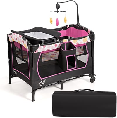 COSTWAY 4-in-1 inklapbaar reisbed & bijzetbed & commode & box, 2 niveaus babybed in hoogte verstelbaar met draagtas, matras & muziekdoos, mobiele wieg, 15 kg belastbaar (rood)