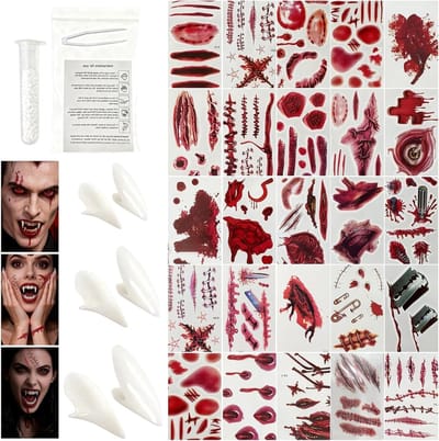 Halloween Vampier Tanden Set met Nep Bloed, Wond Stickers, Theatrale Make-up Effecten voor een Griezelige Look