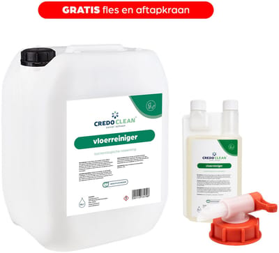 Credo Clean Vloerreiniger – Bacteriologische Nawerking – Voordeelverpakking – Verwijdert Geuren & Vuil – Actieve nawerking – Voor PVC, Tegels & Harde Vloeren - 10 Liter Jerrycan, Doseerfles & Aftapkraan