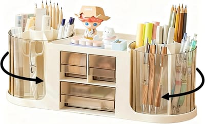 pennenhouder 360° Draaibare bureau-organizer Dubbele draaibare pennenhouder Pen-organizer Grote capaciteit pennen opbergdoos met 14 compartimenten voor kantoor en school (beige)