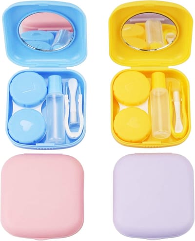 4 stuks – Lensverzorgingsdoosjes voor contactlenzen – Roze, blauw, geel, paars – Compact formaat 5,7 x 5,3 x 2 cm – Met ingebouwde spiegel voor eenvoudig gebruik – Handige en draagbare opbergdoosjes voor op reis of dagelijks gebruik
