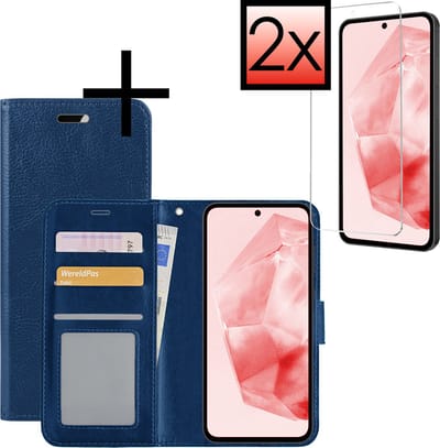 Hoesje - Met 2x Screenprotector - Geschikt voor Samsung Galaxy A35 - Luxe Pasjeshouder - Bookcase Portemonee - Flip Case - Kunstleer Book Case - Flipcase Hoes - Book Cover - Walletcase - Portemonneehoes - Donkerblauw