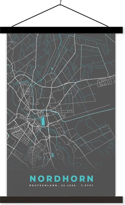 Posterhanger incl. Poster 60x90 cm - Schoolplaat - Duitsland – Blauw – Nordhorn – Stadskaart – Kaart – Plattegrond - Textielposter - Zwarte latten - Stadskaart
