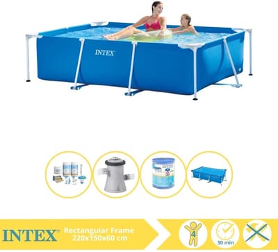 Intex Rechthoekig Frame Zwembad - 220 x 150 x 60 cm - Blauw - Inclusief Solarzeil - Onderhoudspakket - Zwembadfilterpomp - Filter - 5-delig