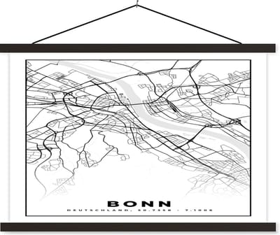 Posterhanger incl. Poster 60x40 cm - Schoolplaat - Bonn - Plattegrond - Kaart - Stadskaart - Textielposter - Zwarte latten - Stadskaart