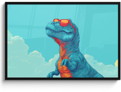 Poster in lijst - Fotolijst 120x80 cm - Posters - T-Rex - Blauw - Wolken - Zonnebril - Posterlijst zwart - Decoratie - Wanddecoratie woonkamer - Muurdecoratie slaapkamer