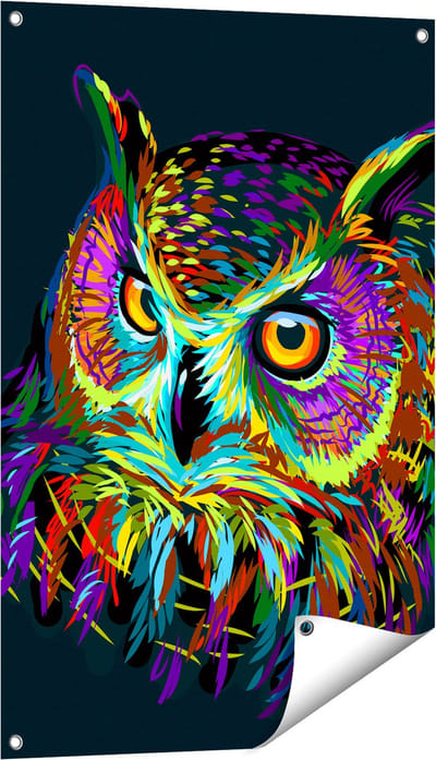Gards Tuinposter Kleurrijke Uil - Abstract - 60x90 cm - Tuindoek - Tuindecoratie - Wanddecoratie buiten - Tuinschilderij