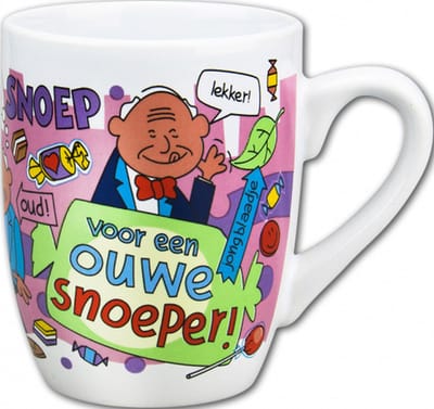 Mok - Snoep - Voor een ouwe snoeper - Cartoon - In cadeauverpakking met gekleurd krullint
