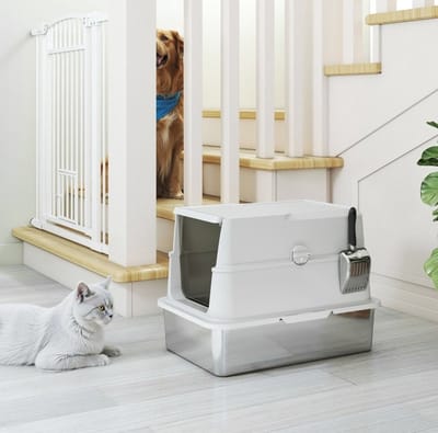 MEUNIQ gesloten kattenbak van roestvrij staal 60,2 x 40,2 x 43,3 cm XL met deksel en schepje, opklapbare bovenkant, lichtgrijs