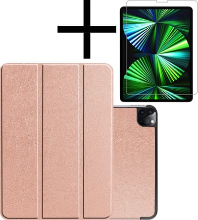 Hoes - Geschikt voor Apple iPad Pro (2022) - 11 inch - 4e generatie - Met Screenprotector - Trifold Bookcase - Hard Cover Case - Met Uitsparing Geschikt voor Apple Pencil - Hardcover Book - Tablet Hoesje - Rosé goud