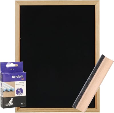 Zeller Krijtbord/schoolbord met witte krijtjes en bordenwisser - 30 x 40 cm - hout
