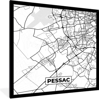 Fotolijst incl. Poster Zwart Wit- Kaart - Stadskaart - Pessac - Frankrijk - Plattegrond - Zwart wit - 40x40 cm - Posterlijst