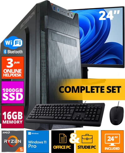 Budget Office PC SET - Ryzen 5 - 1TB NVMe SSD - 16GB RAM - Radeon Vega 7 ( 24 Inch Monitor | Muis | Toetsenbord ) + WiFi & Bluetooth