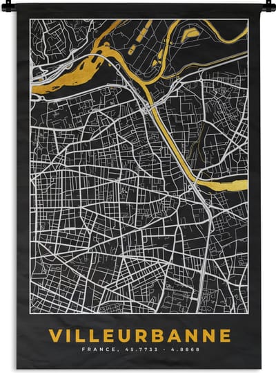 Wandkleed - Wanddoek - Kaart – Stadskaart – Frankrijk – Villeurbanne - Plattegrond - 120x180 cm - Wandtapijt