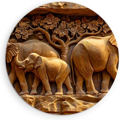 Saammp Muurcirkel Hout - Olifant - Kunst - Afrika - Dieren - Ø 90 - Wandcirkel - Wanddecoratie Cirkel - muurdecoratie Woonkamer - Slaapkamer decoratie - Rond Schilderij