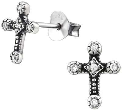 Joy|S - Zilveren kruis oorbellen - 7 x 9 mm - zirkonia - geoxideerd