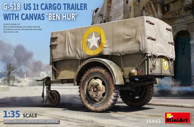 MiniArt Modelbouwpakket Militaire voertuigen - 35443 G-518 US 1 ton Cargo Trailer Ben Hur w/Canvas Plastic - 1:35 - Modelbouw