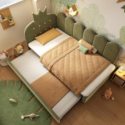 Bankbed met Uittrekbed - Slaapbank Kinderbed - Ruimte Besparen - Schattig Kroon Design - 90x200 cm - Groen