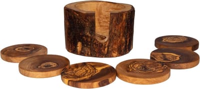 Olijfhouten rustieke onderzetter set van 6 - 9 cm met opbergdoos voor glazen, bekers, kopjes, vazen