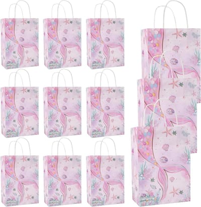 Mermaid Cadeauzakken van Kraftpapier voor Verjaardagen en Bruiloften - 12 Stuks in Roze, Milieuvriendelijk en Herbruikbaar